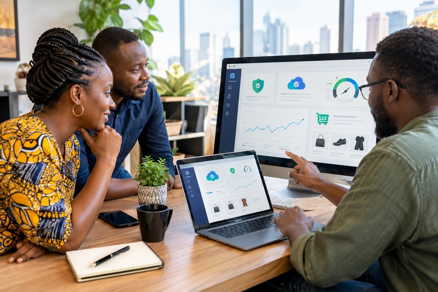 Kenyan business owners reviewing website maintenance cost in Kenya with a web support specialist