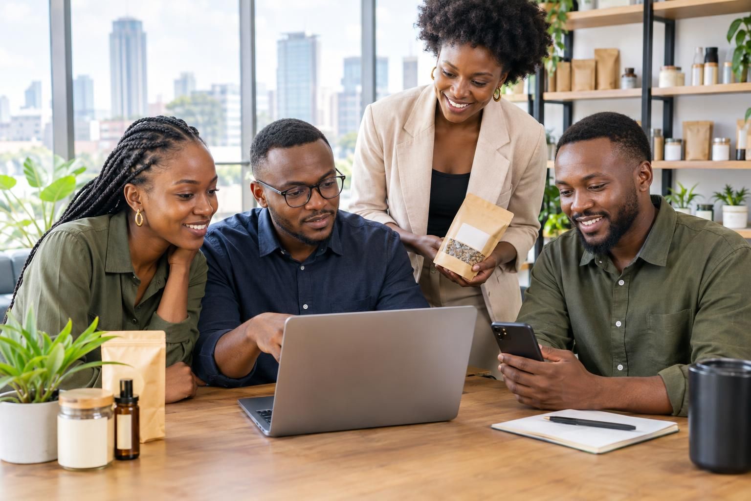 Kenyan business team planning ecommerce website design in Kenya on a laptop and phone