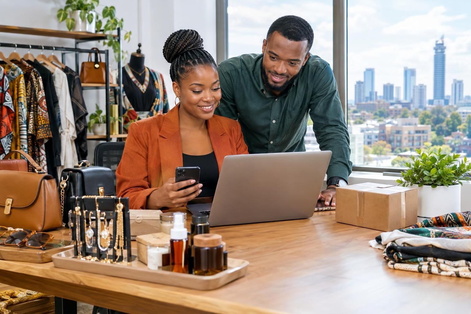 Kenyan entrepreneurs reviewing ecommerce websites in Kenya on a laptop and smartphone
