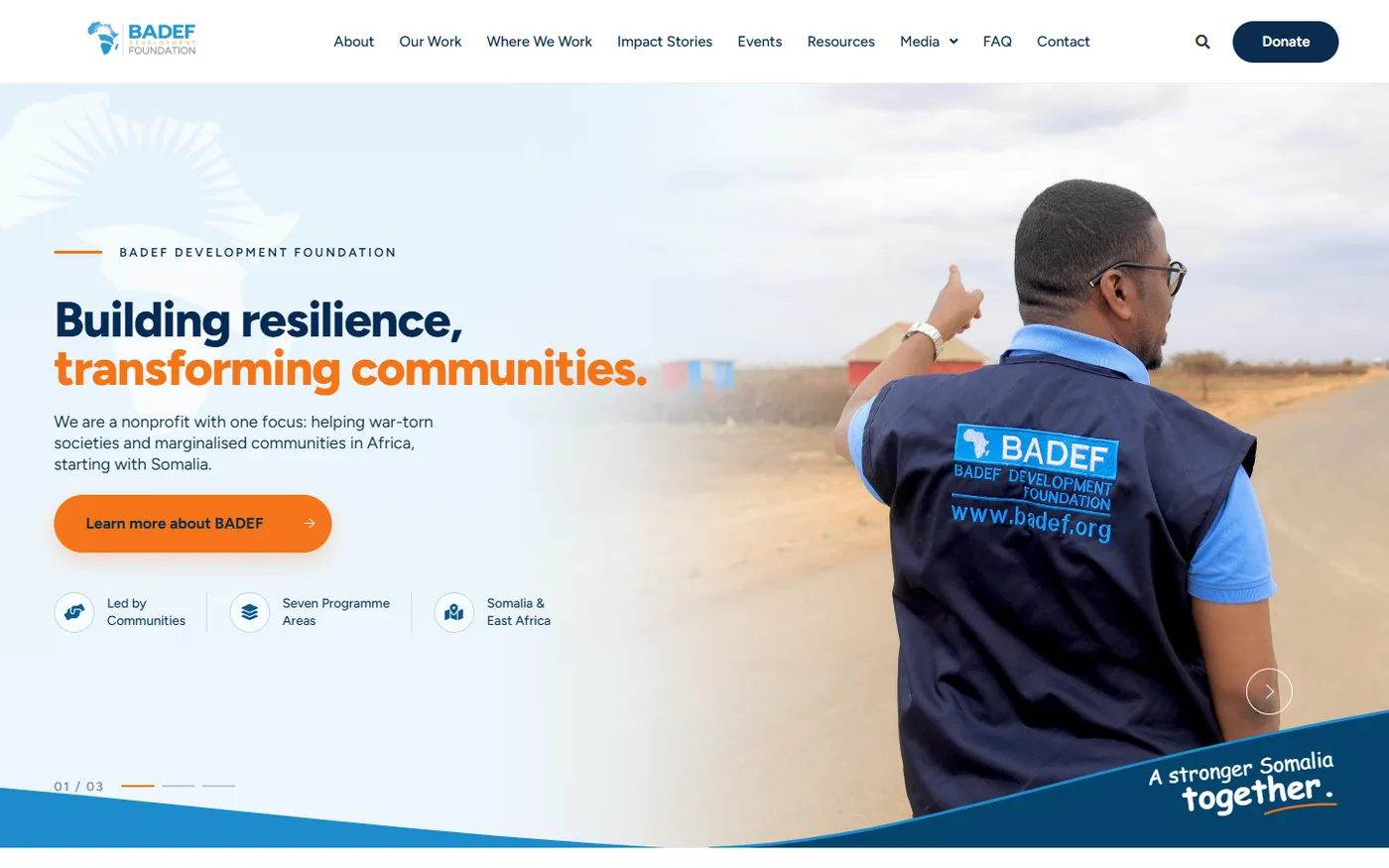 BADEF homepage after the redesign: white header, clear headline and a single call to action