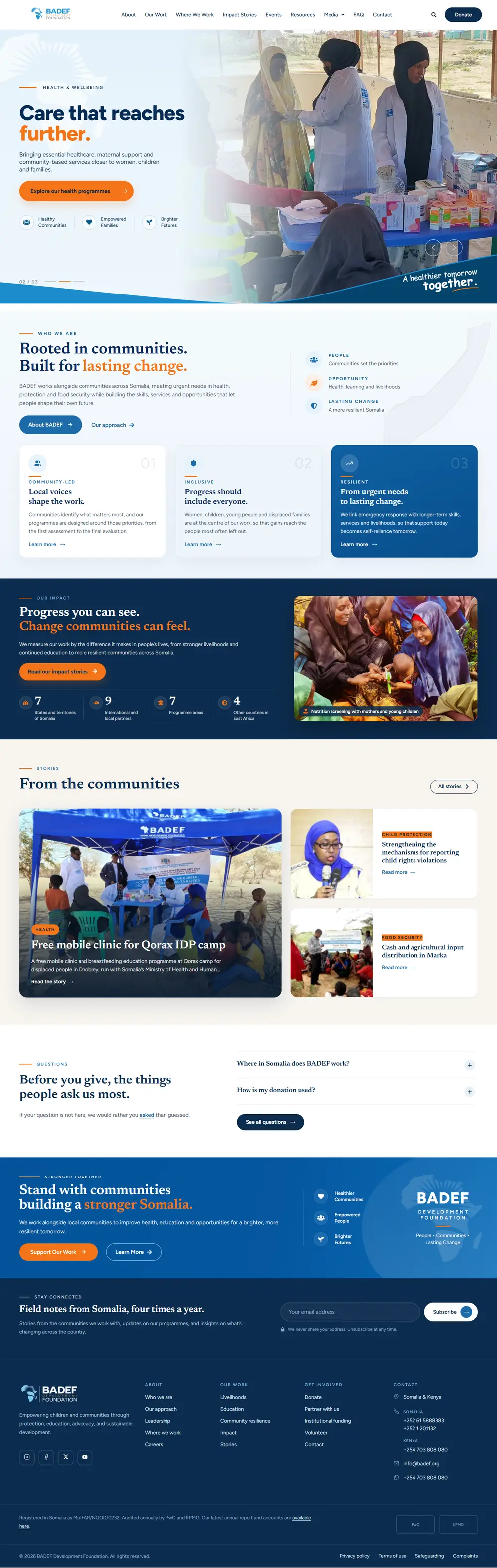 Full length screenshot of the redesigned BADEF homepage