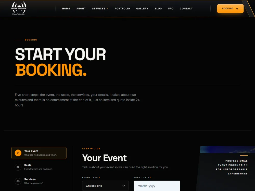 Waveform booking page: Start your booking, step one of five