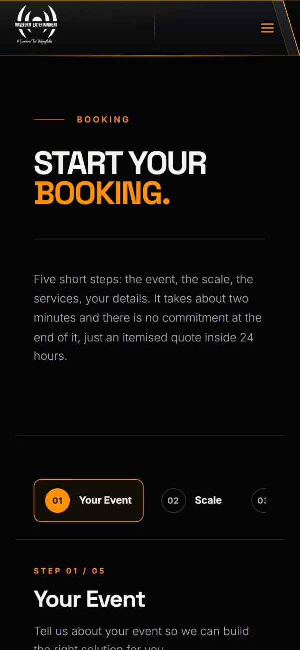 Waveform booking form on a phone, step one of five