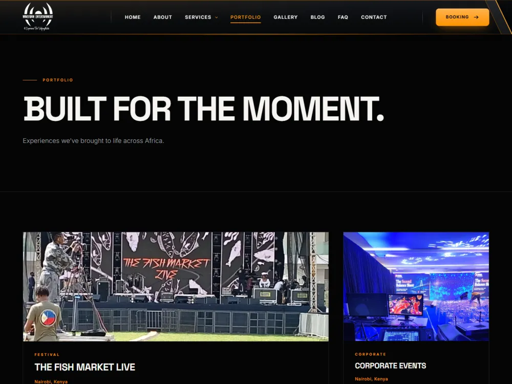 Waveform productions page listing The Fish Market Live and corporate events