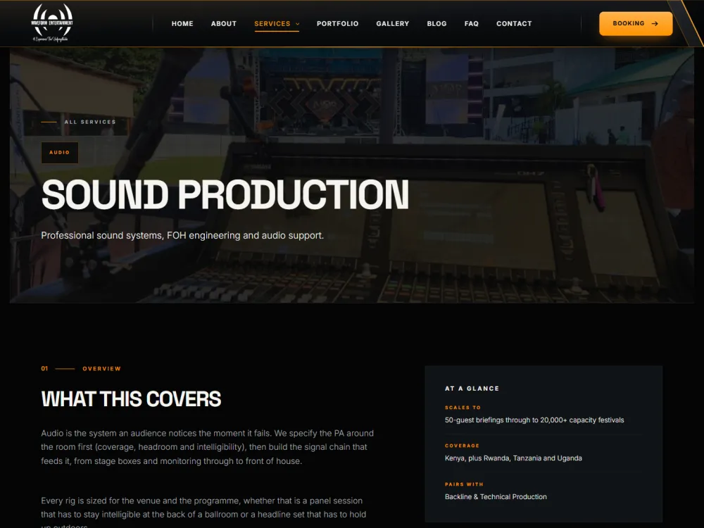 Waveform Sound Production service page with an overview and an at a glance panel